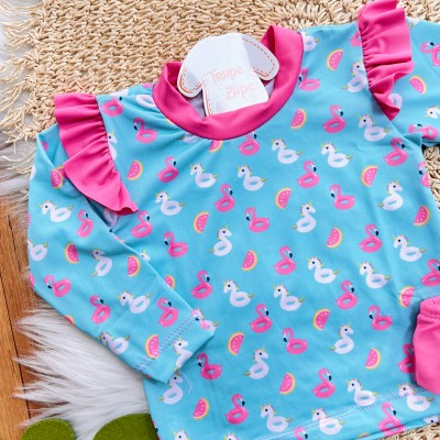 Linha Praia - Blusa com Proteção UV50+ e Calcinha - Flamingos e Unicórnios - Verde Água 